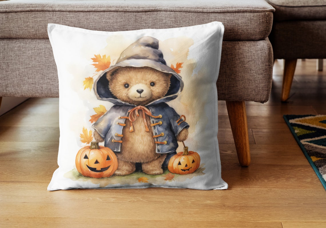 Cute Watercolor Autumn Teddy Bear with Jack O Lanterns Poster - Image 2