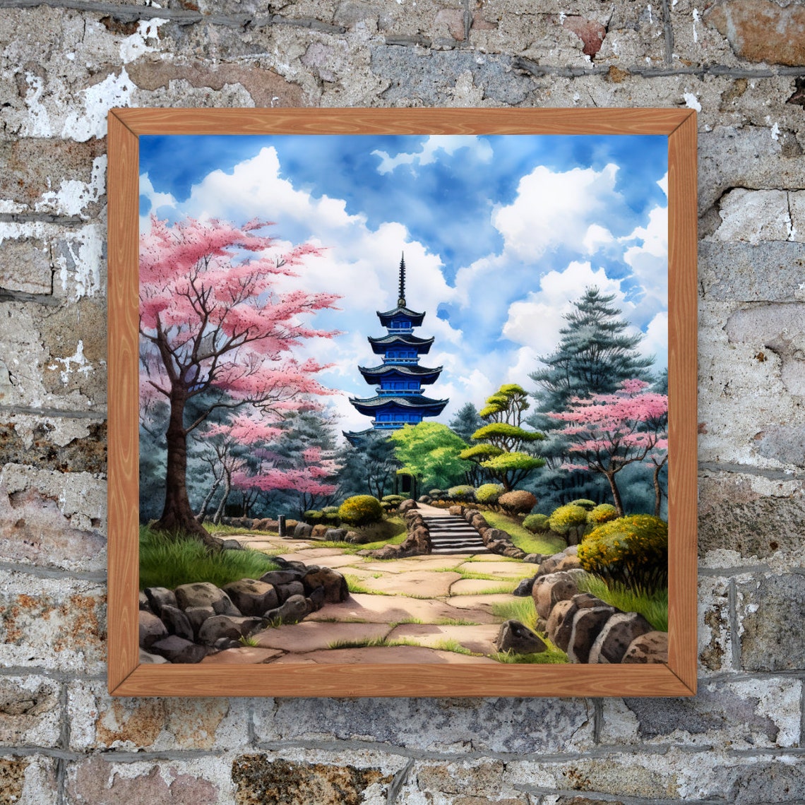 Blue Pagoda Japanese Watercolor Cherry Blossom Garden Path Poster - Image 5