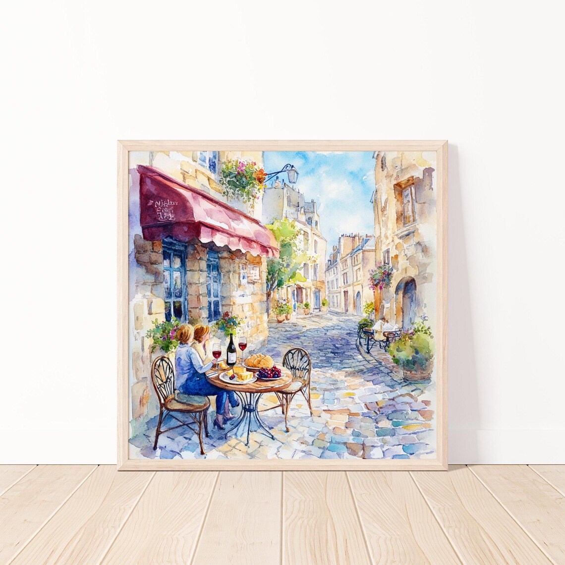 Parisian Street Cafe Watercolor Couple Wine Cobblestone Poster