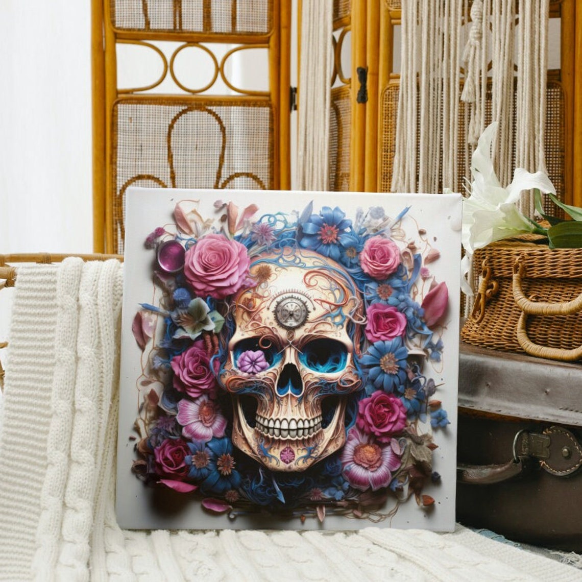 Gothic Sugar Skull with Colorful Flowers and Pocket Watch Poster - Image 3