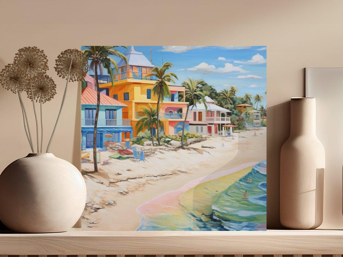 Colorful Beach Houses With Palm Trees on Turquoise Shore Poster - Image 3