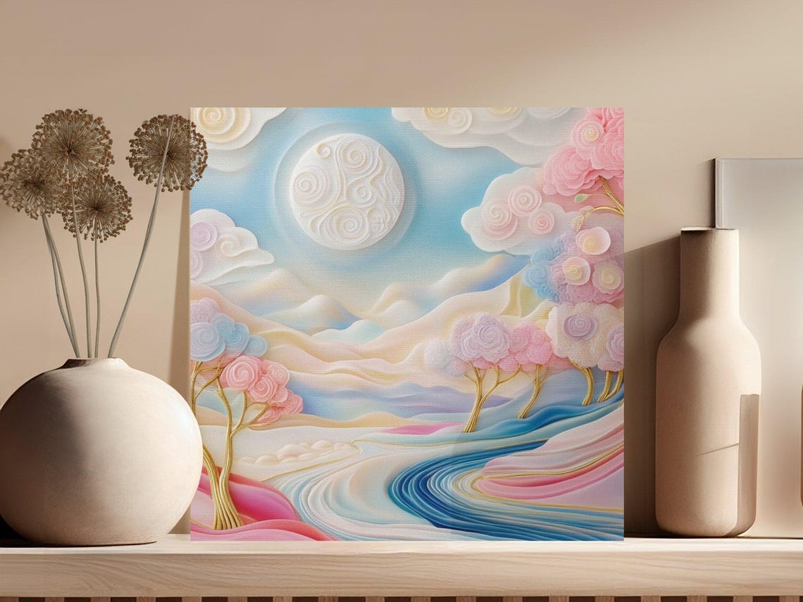 Pastel Paper Quilling Dreamscape With Moon Over Pink River Poster - Image 3