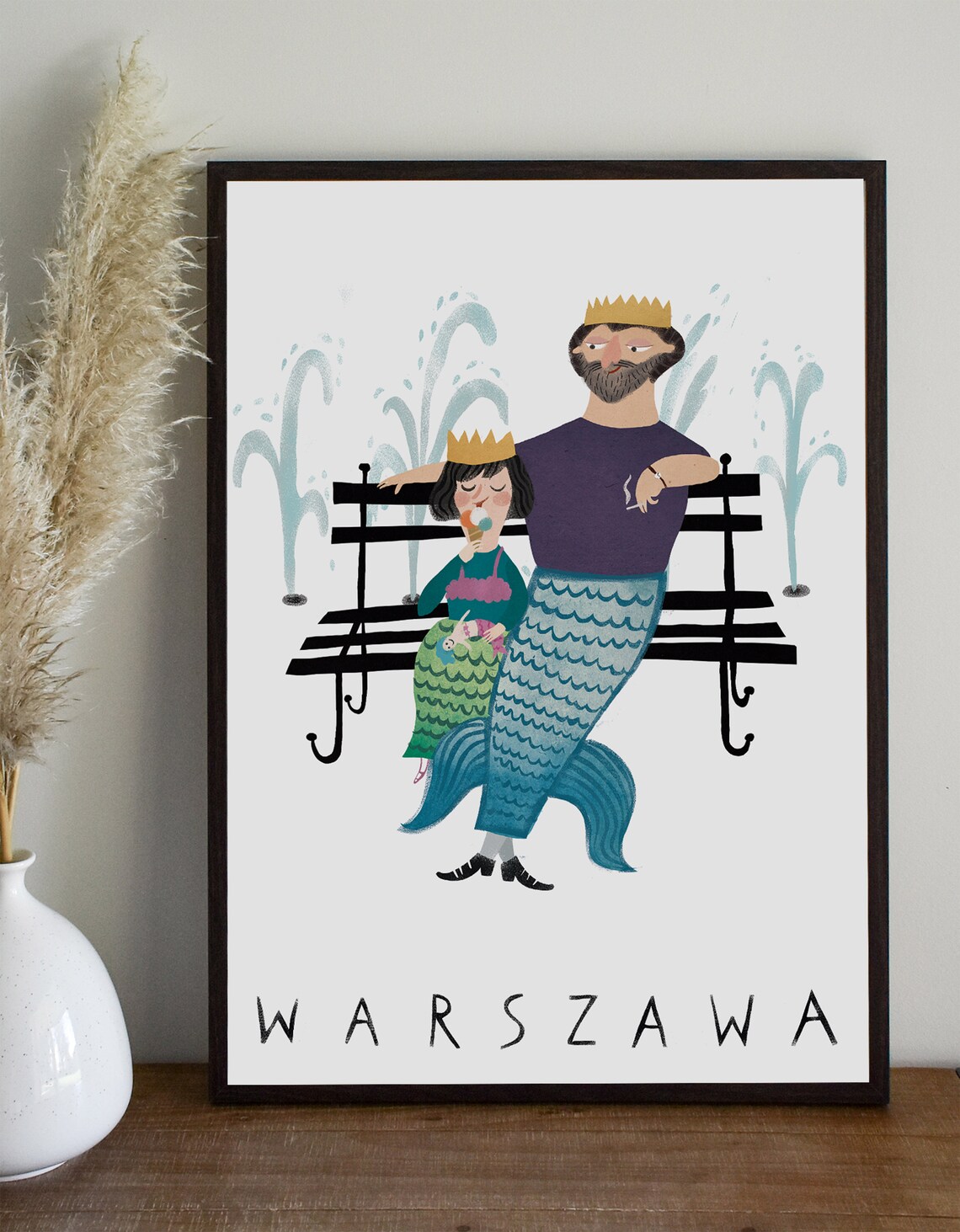Warszawa Syrenka Mermaid Crowned Royals Park Bench Folk Travel Poster