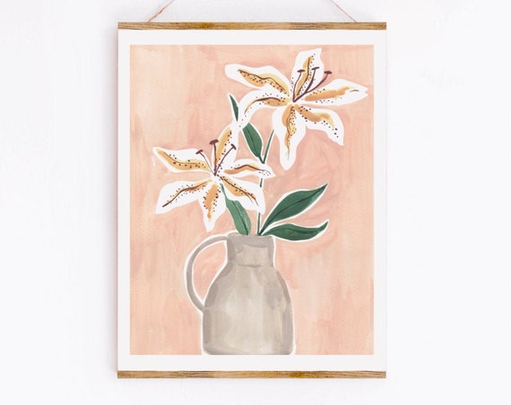 Lilies in a Vase, Simple Minimal Floral Art Print