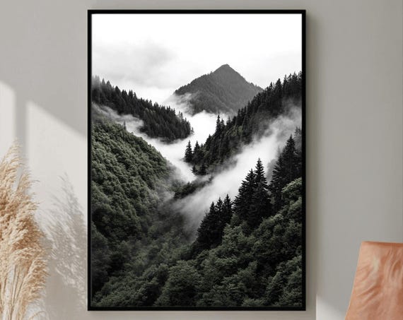 Forest Mountains Print Foggy Mountain Landscape Large Wall Art Green Forest Landscape Print Nature Picture