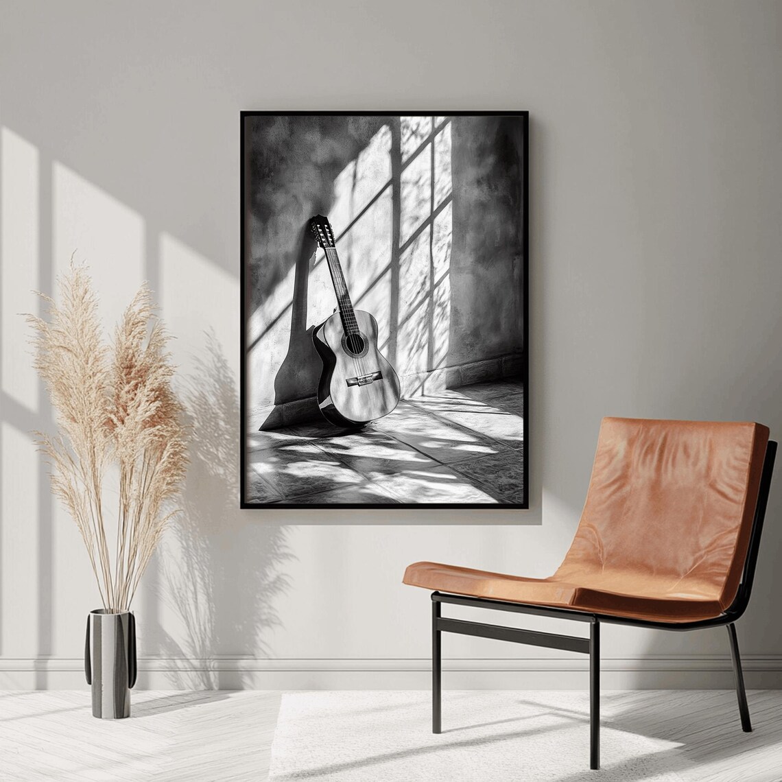 Acoustic Guitar Sunlit Window Shadow Black White Music Poster - Image 2