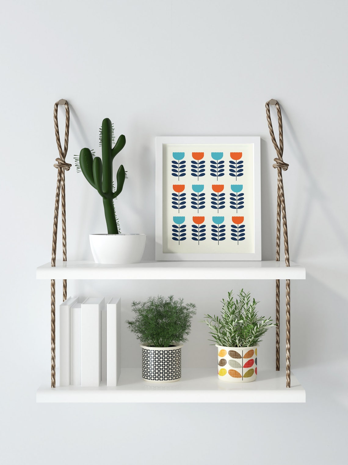 Mid Century Retro Tulip Floral Grid Orange Teal Patterned Wall Art - Image 3