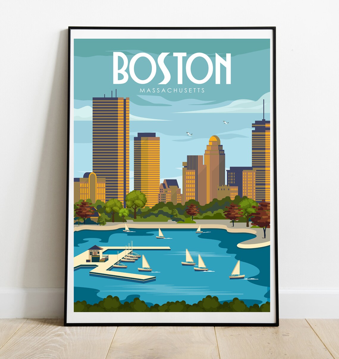 Boston Retro Travel Poster, Massachusetts Wall Art