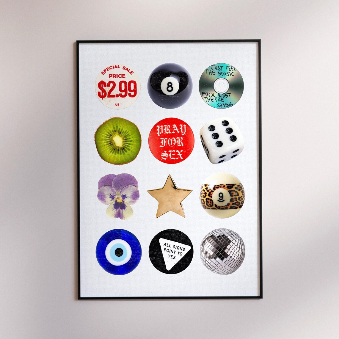 Retro Icon Grid Y2K Collage 8 Ball Lucky Charm Sticker Wall Decor Poster
