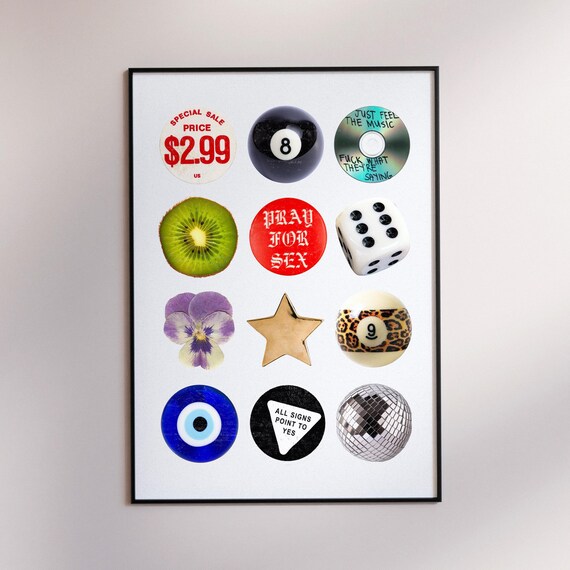 Retro Icon Grid Y2K Collage 8 Ball Lucky Charm Sticker Wall Decor Poster