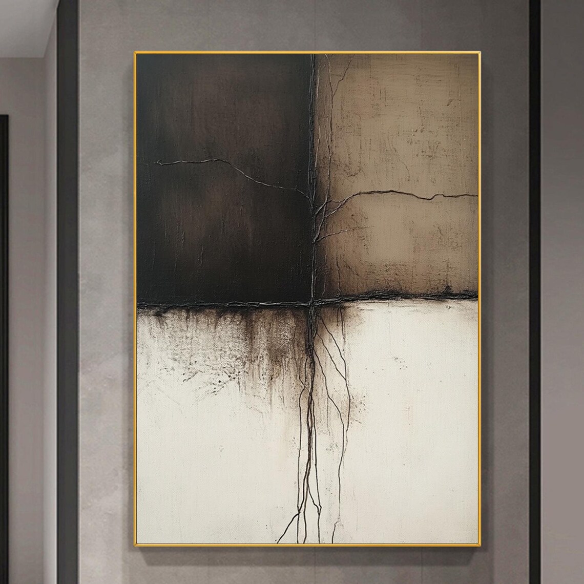 Beige Black Cracked Texture Abstract Minimalist Art Wall Poster