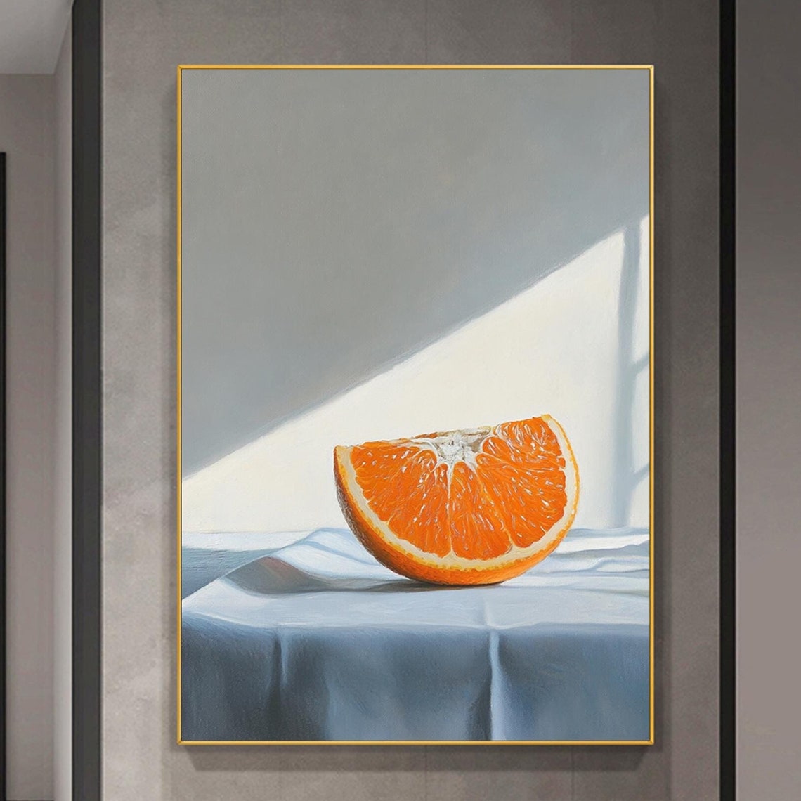 Sunlit Orange Slice On White Cloth Minimal Fruit Painting Poster