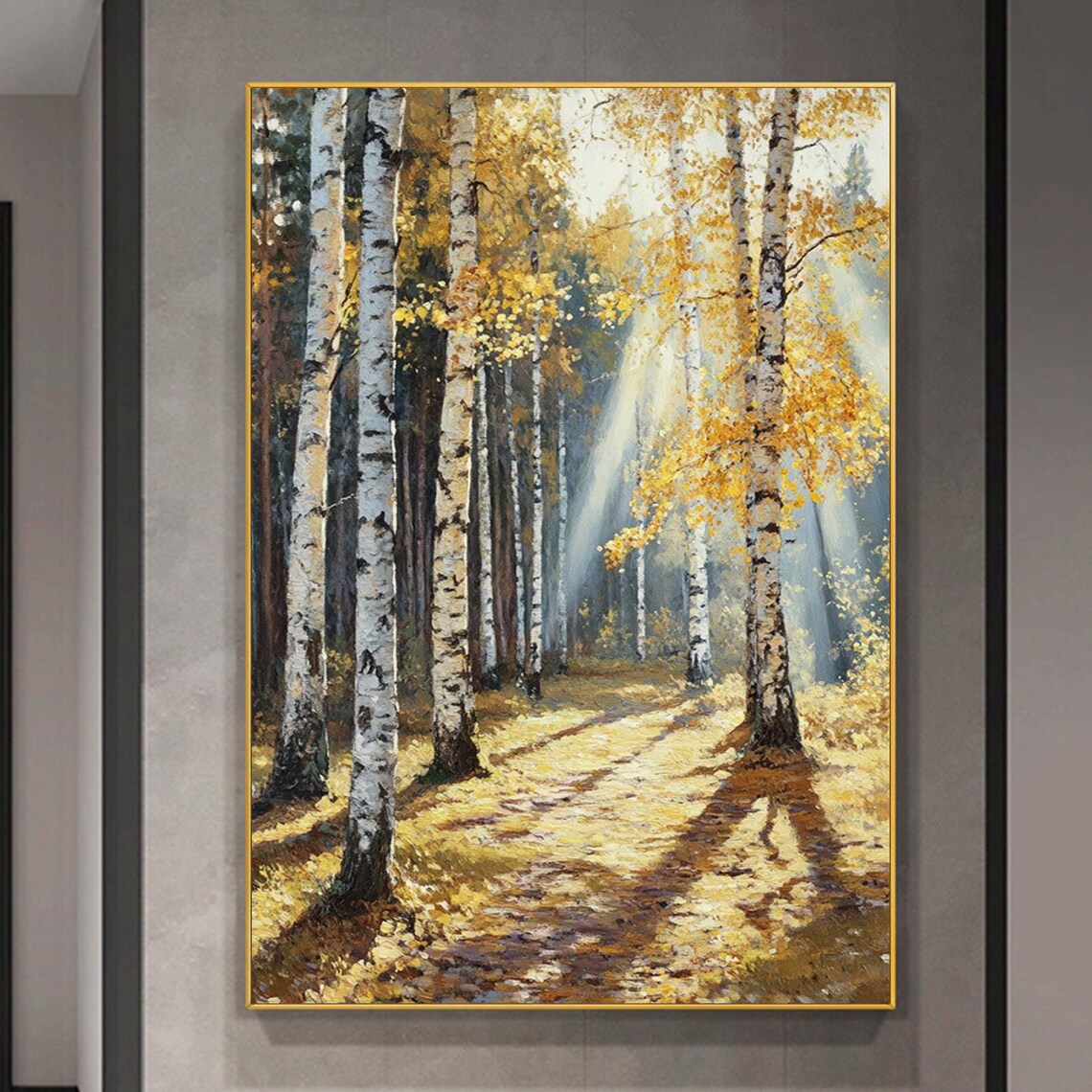 Autumn Birch Forest With Golden Sun Rays Landscape Painting Poster