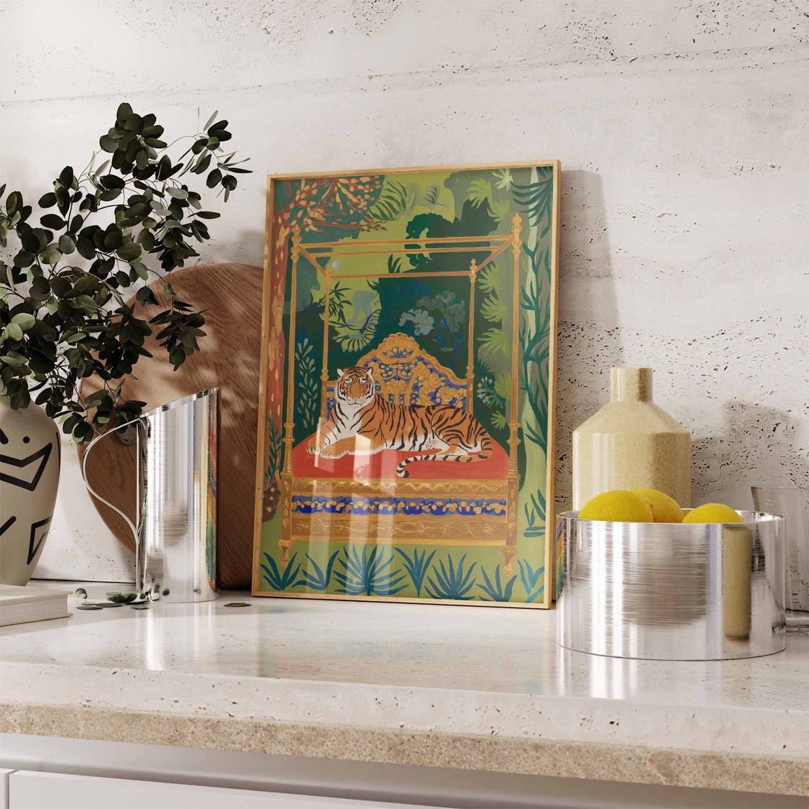 Indian Tiger on Ornate Golden Throne Bed Jungle Illustration Poster - Image 2