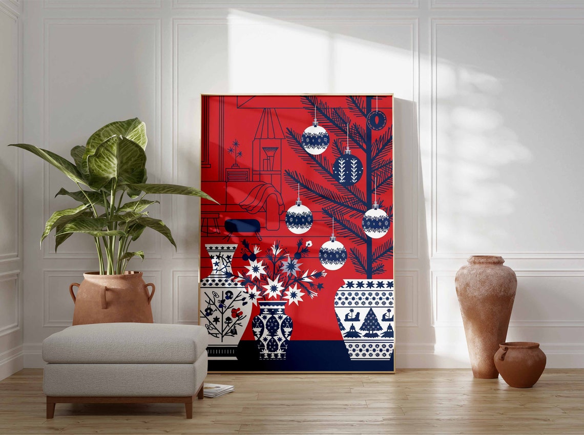 Red Navy Christmas Ornaments Porcelain Vase Holiday Art Poster - Image 3