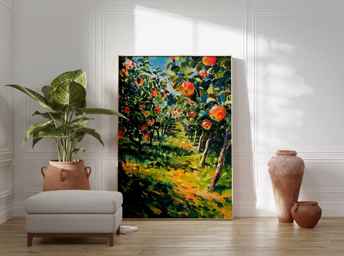 Sunlit Apple Orchard Path Dappled Light Ripe Fruit Summer Art Poster - Image 3