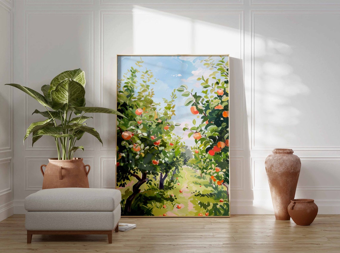Apple Orchard Rows Red Fruit Blue Sky Impressionist Summer Art Poster - Image 3