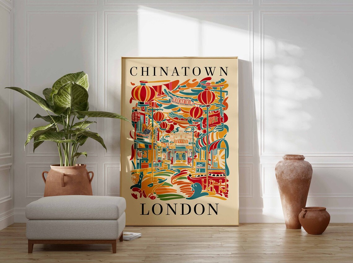Chinatown London Colorful Lantern Street Art Travel Gift Poster - Image 3