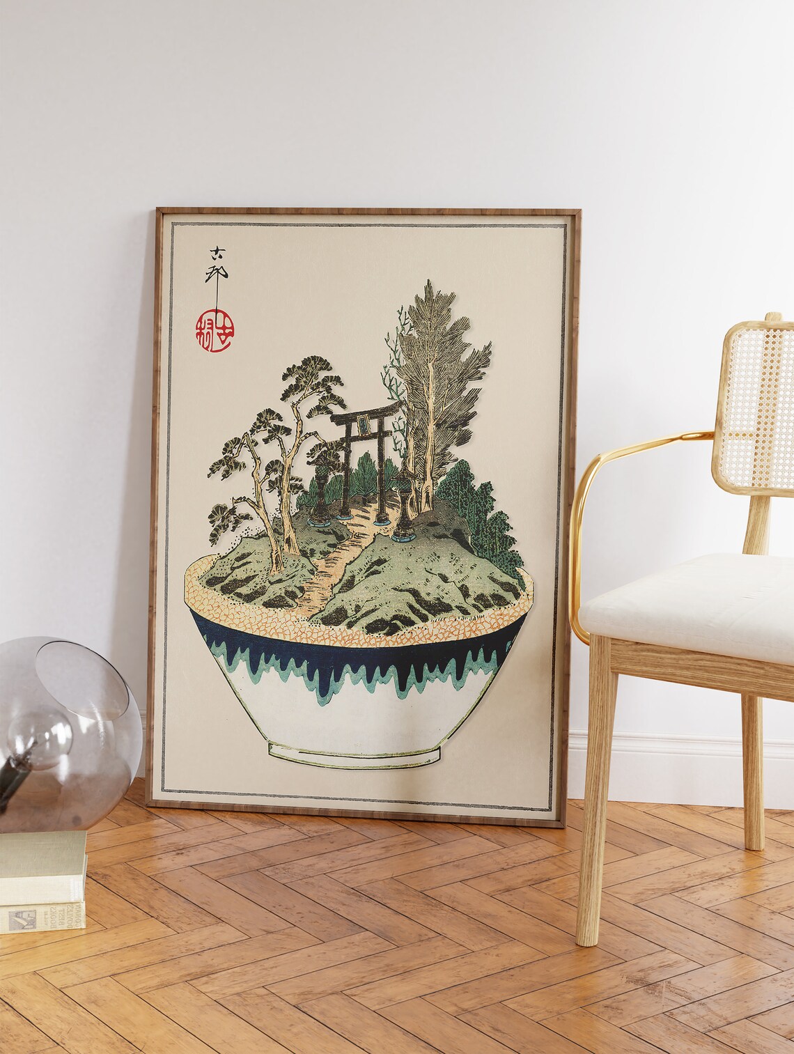 Japanese Woodblock Style Torii Gate Pine Garden in a Bowl Poster - Image 3