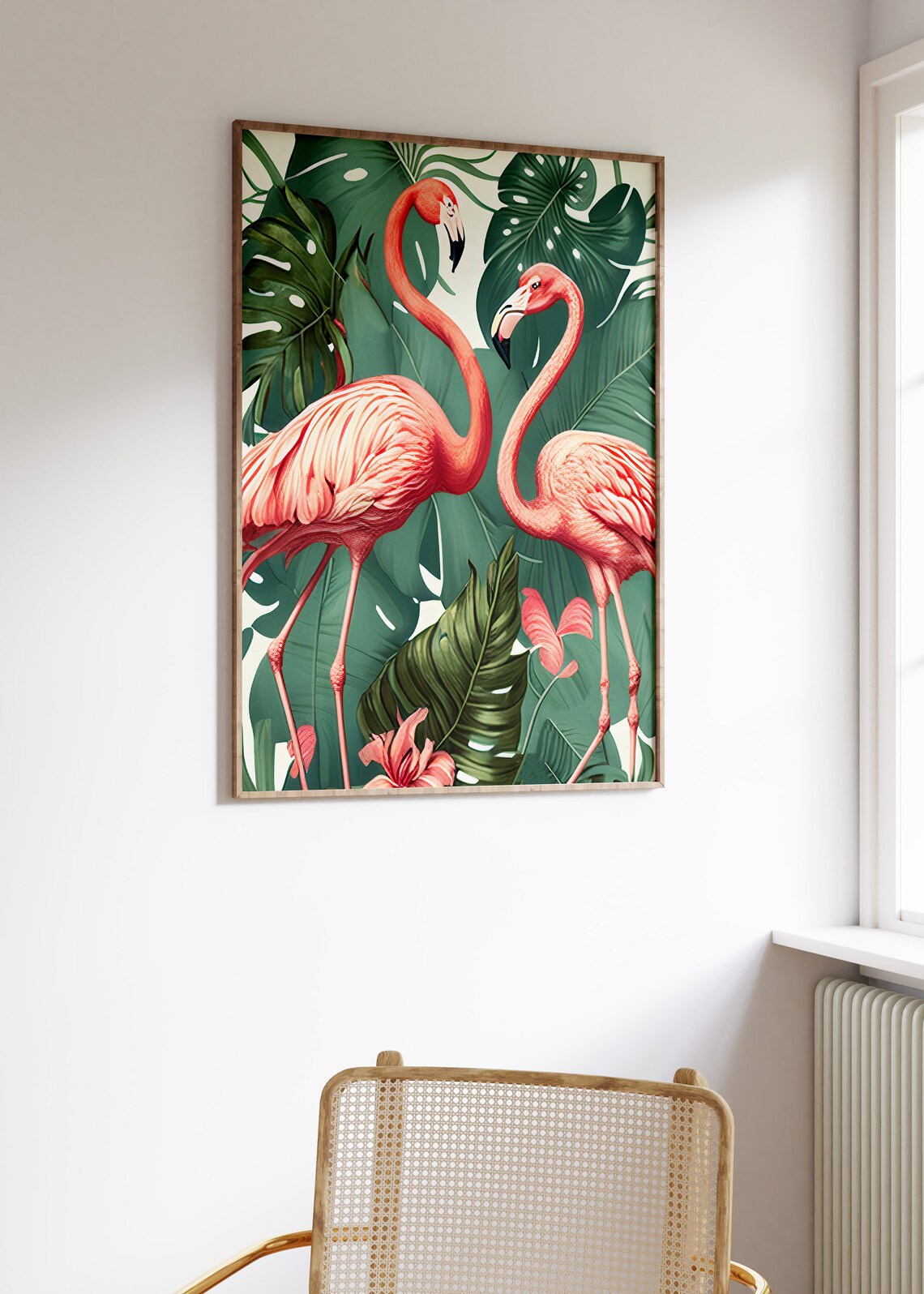 Two Pink Flamingos Tropical Monstera Leaf Botanical Art Print - Image 3