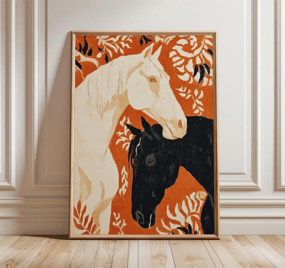 Horse Art Poster Modern Equestrian Wall Print Black And White Painting Bold Orange Abstract Animal Decor For Living Room