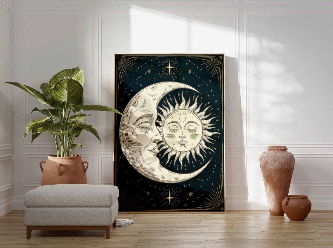 Moon And Sun Faces Navy Celestial Engraving Stars Poster Vintage - Image 3