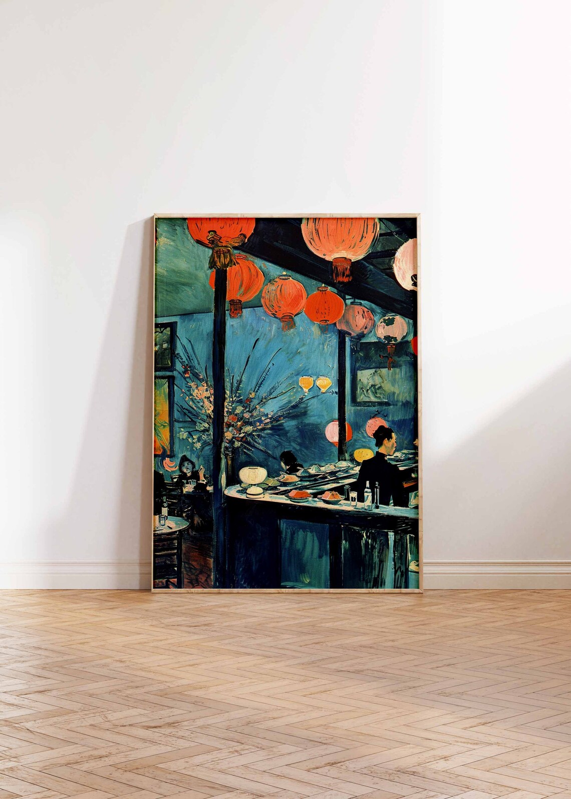 Japanese Sushi Bar With Red Lanterns Impressionist Oil Painting Poster - Image 2
