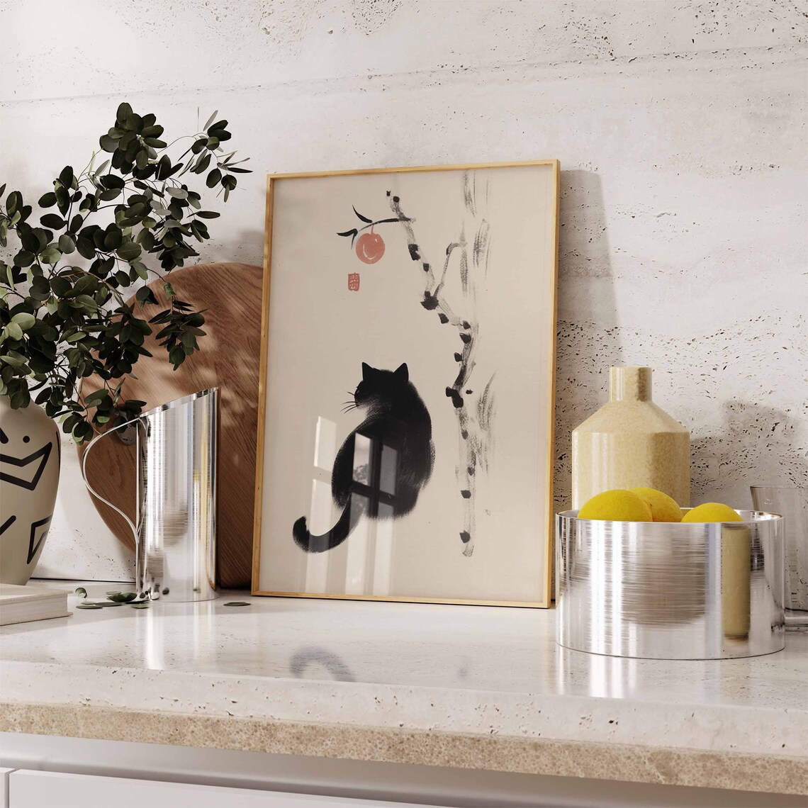 Japanese Black Cat Persimmon Ink Painting Minimalist Art Poster - Image 3