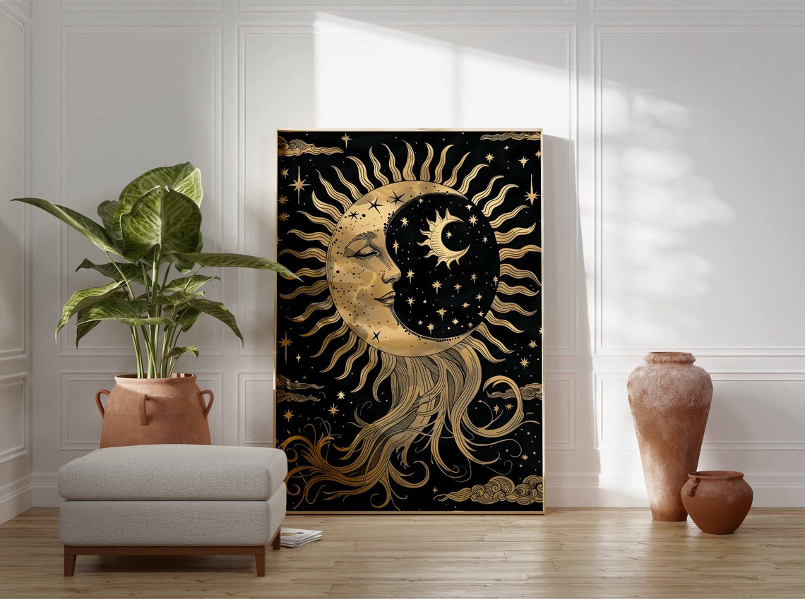 Golden Crescent Moon Cradling Radiant Sun In Starry Night Poster - Image 3