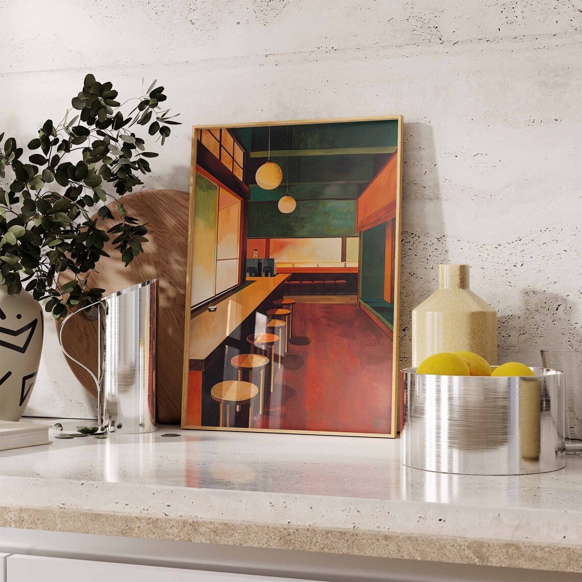 Japanese Sushi Bar Interior Moody Green Red Restaurant Art Poster - Image 2