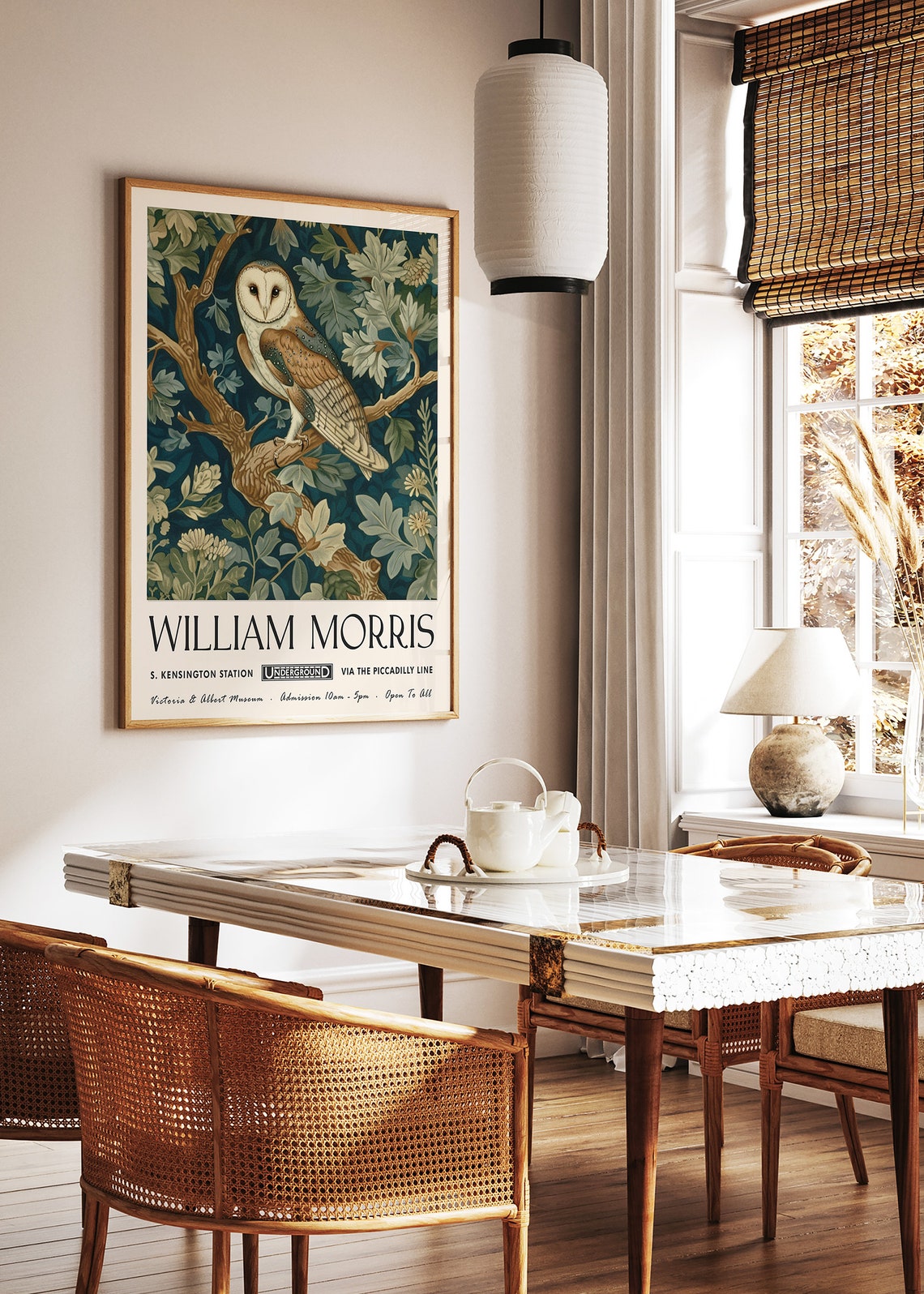 William Morris White Barn Owl on Leafy Branch Botanical Style Poster - Image 2