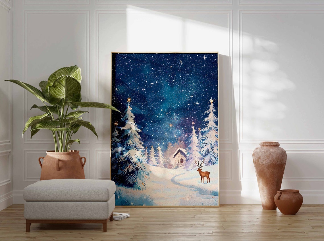 Snowy Winter Path To Cozy Cabin With Deer Starry Night Poster - Image 3