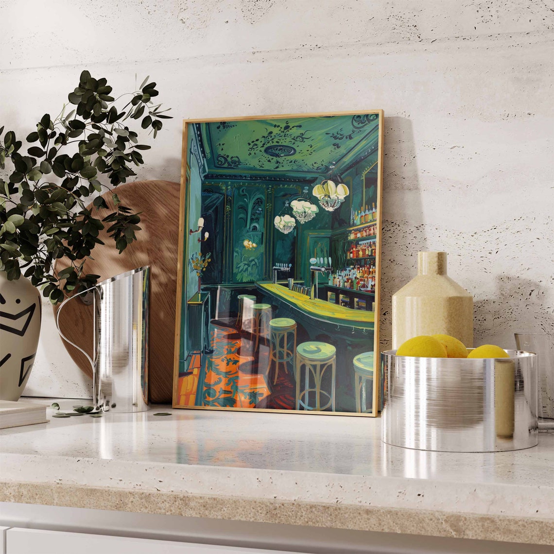 Teal Green Cocktail Bar Chandeliers Elegant Interior Art Print - Image 2