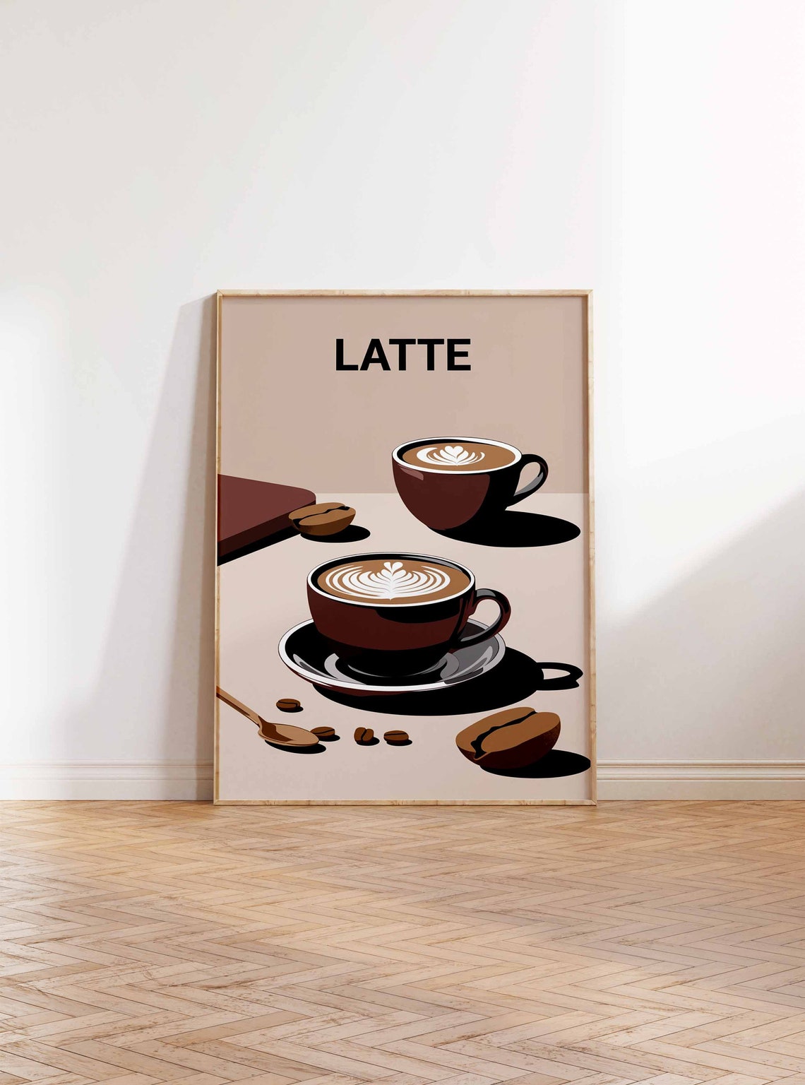 Latte Art Twin Cups Coffee Beans Minimal Kitchen Decor Poster - Image 2