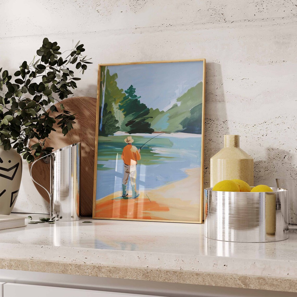 Abstract Fisherman Casting from Orange Shore Lake Painting Poster - Image 2