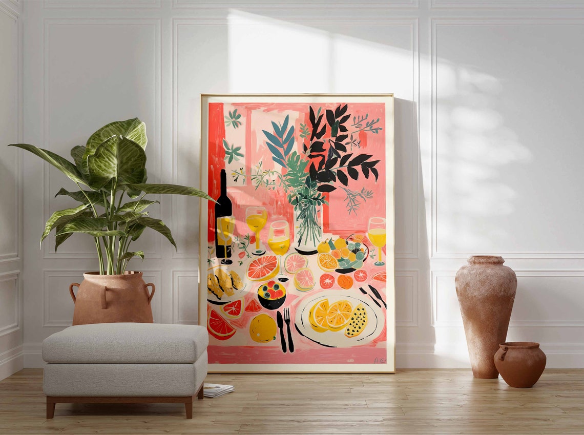 Pink Brunch Table with Citrus Wine and Pastries Kitchen Poster - Image 3