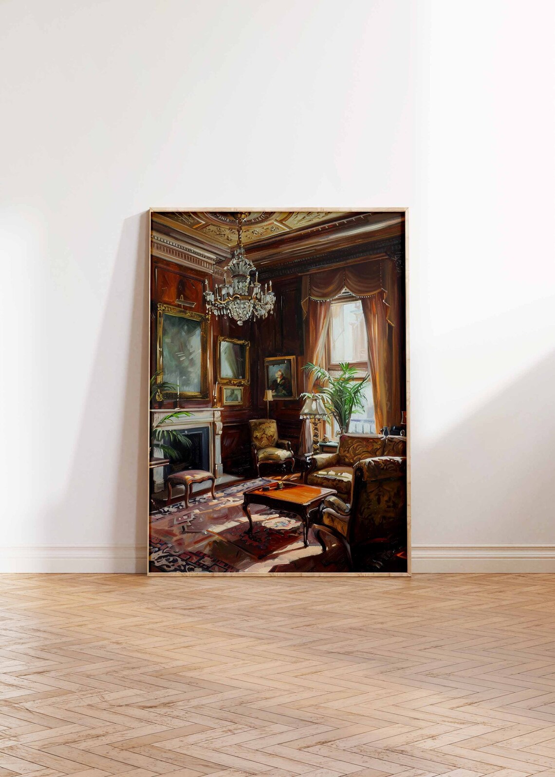 Wood Paneled Club Lounge Fireplace Chandelier Classic Poster - Image 2