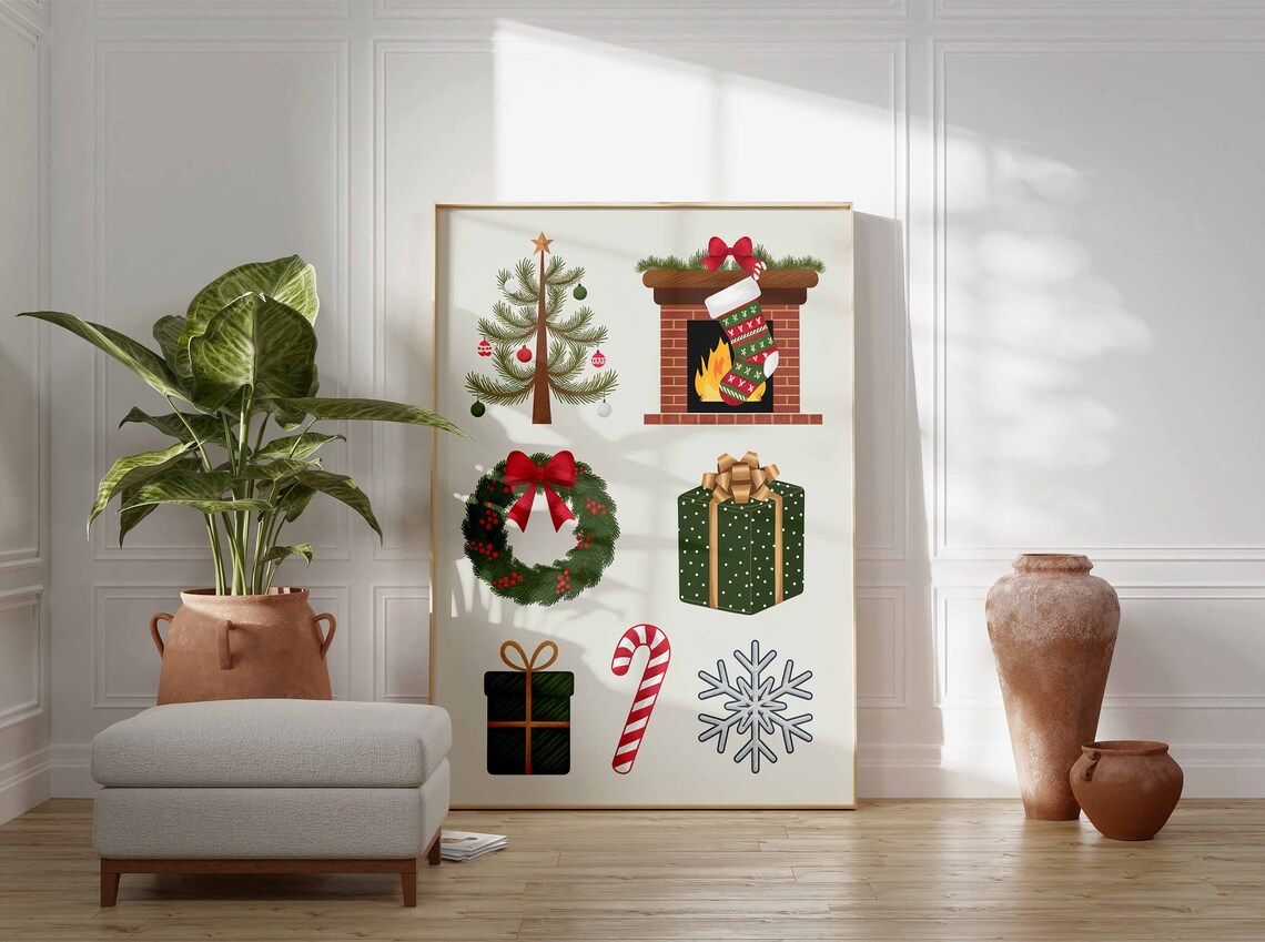 Watercolor Christmas Icons Fireplace Wreath Gift Snowflake Poster - Image 3