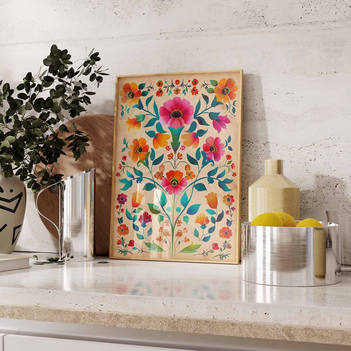 Bold Colorful Mexican Folk Floral Tree of Life Style Art Poster - Image 2