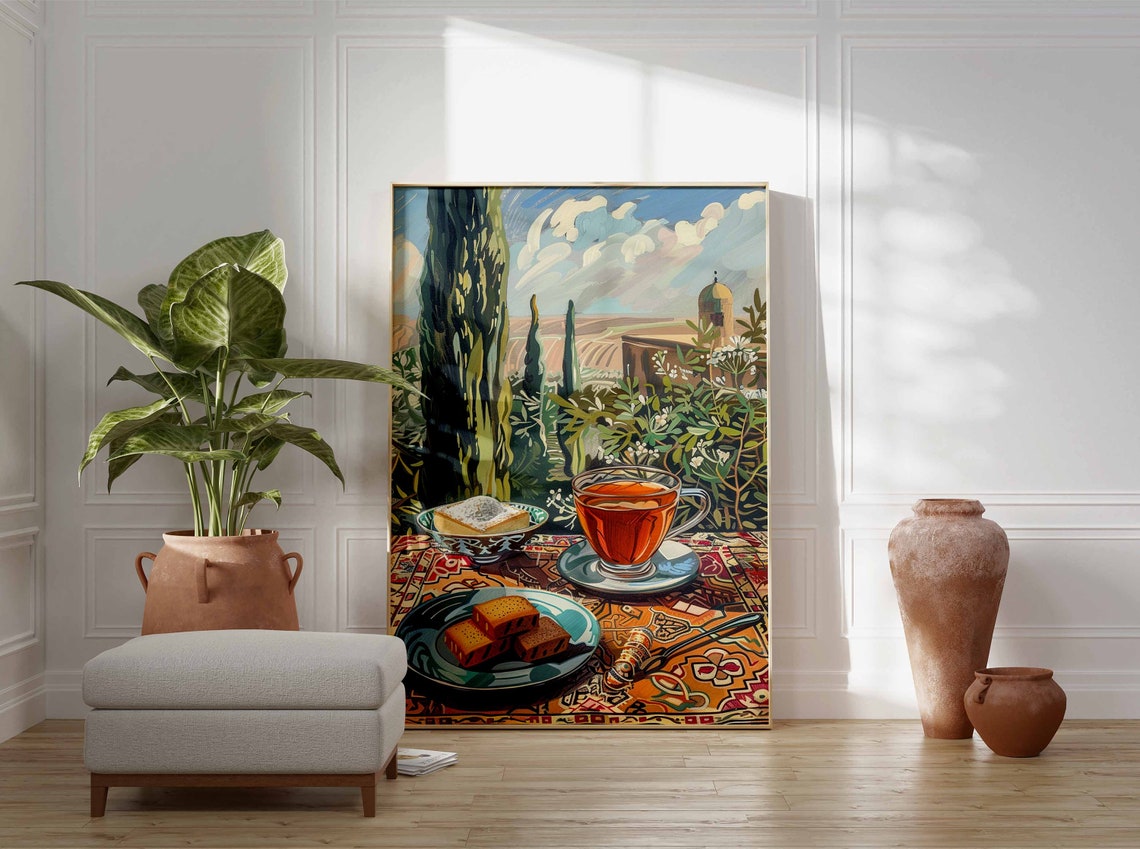 Tea and Baklava Cypress Garden View Patterned Table Art Poster - Image 3