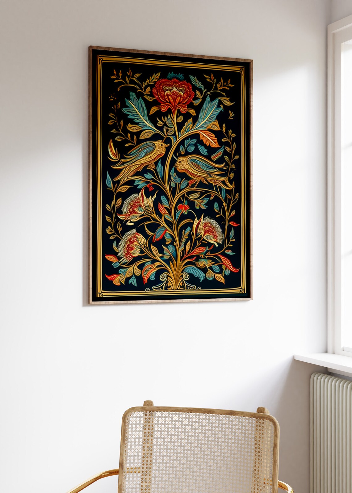 Indian Floral Tree of Life Birds Ornate Golden Decorative Art Print - Image 3