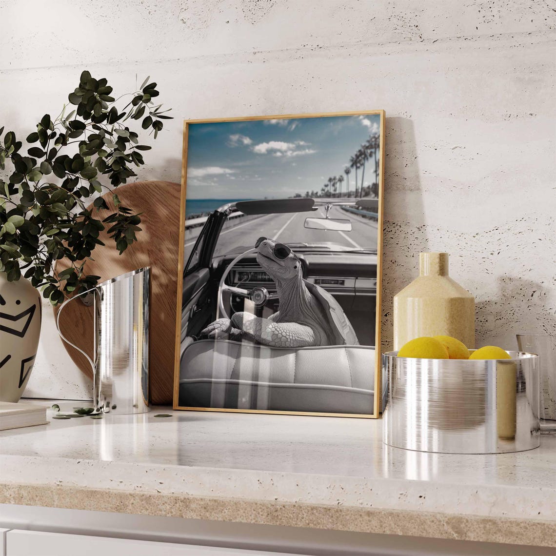 Cool Tortoise In Sunglasses Driving Convertible Coastal Highway Poster - Image 2