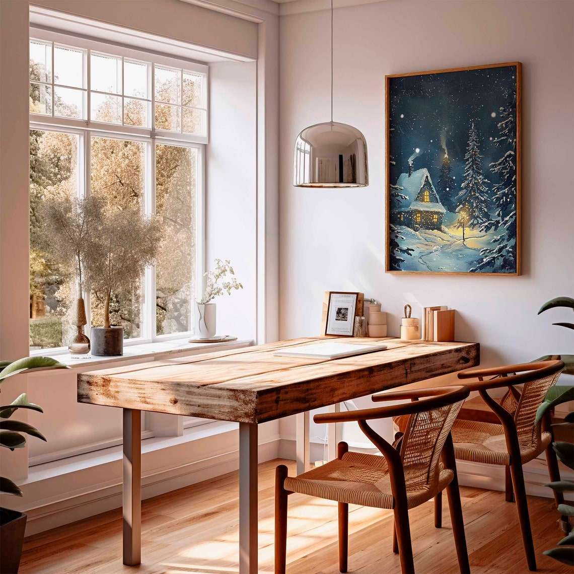Glowing Snowy Cabin Winter Night Scene With Pine Forest Poster - Image 2