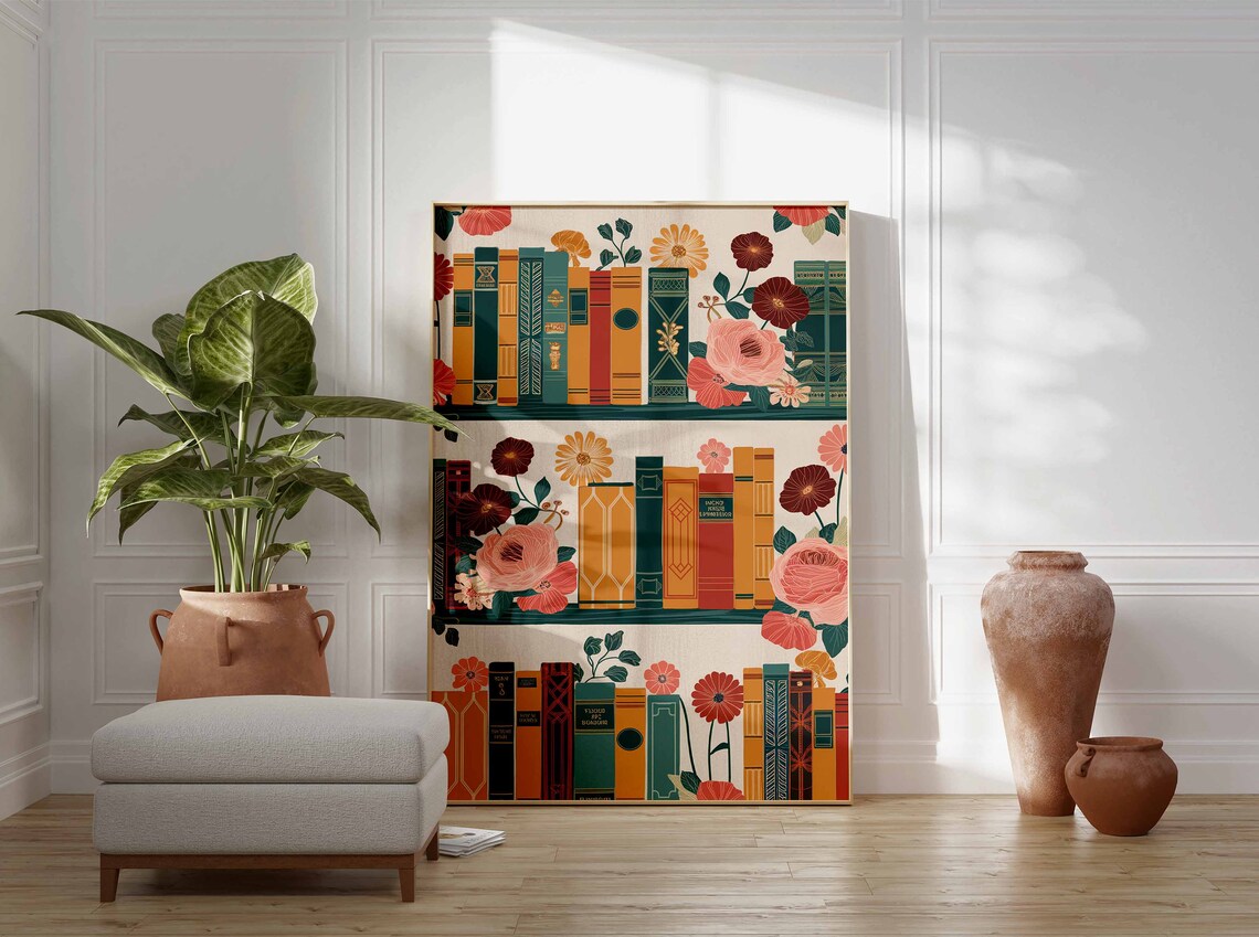 Teal and Orange Bookshelves with Pink Flowers Library Art Poster - Image 3