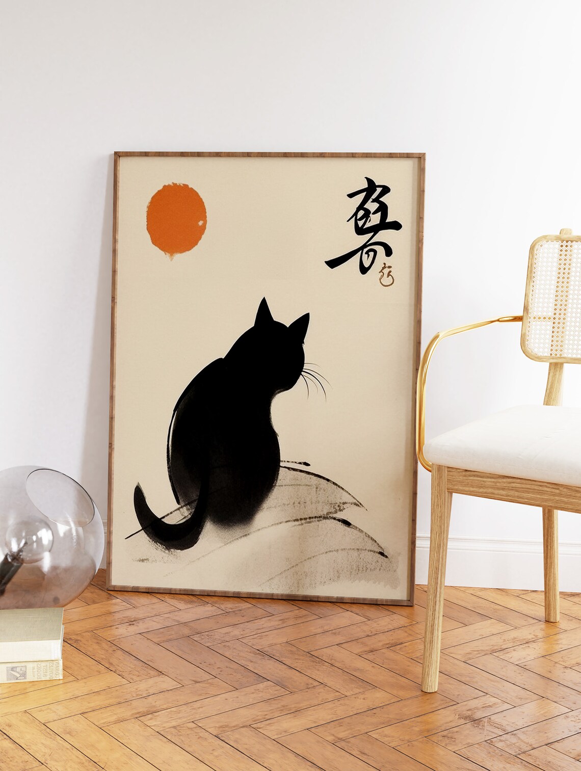 Japanese Black Cat Red Sun Ink Calligraphy Animal Art Poster - Image 2