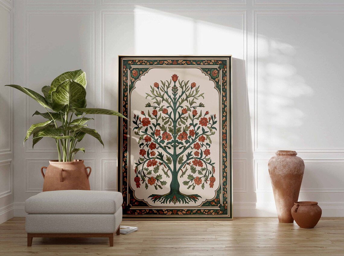 Teal Tree Orange Bud Blossom Arched Mughal Indian Folk Art Poster - Image 2