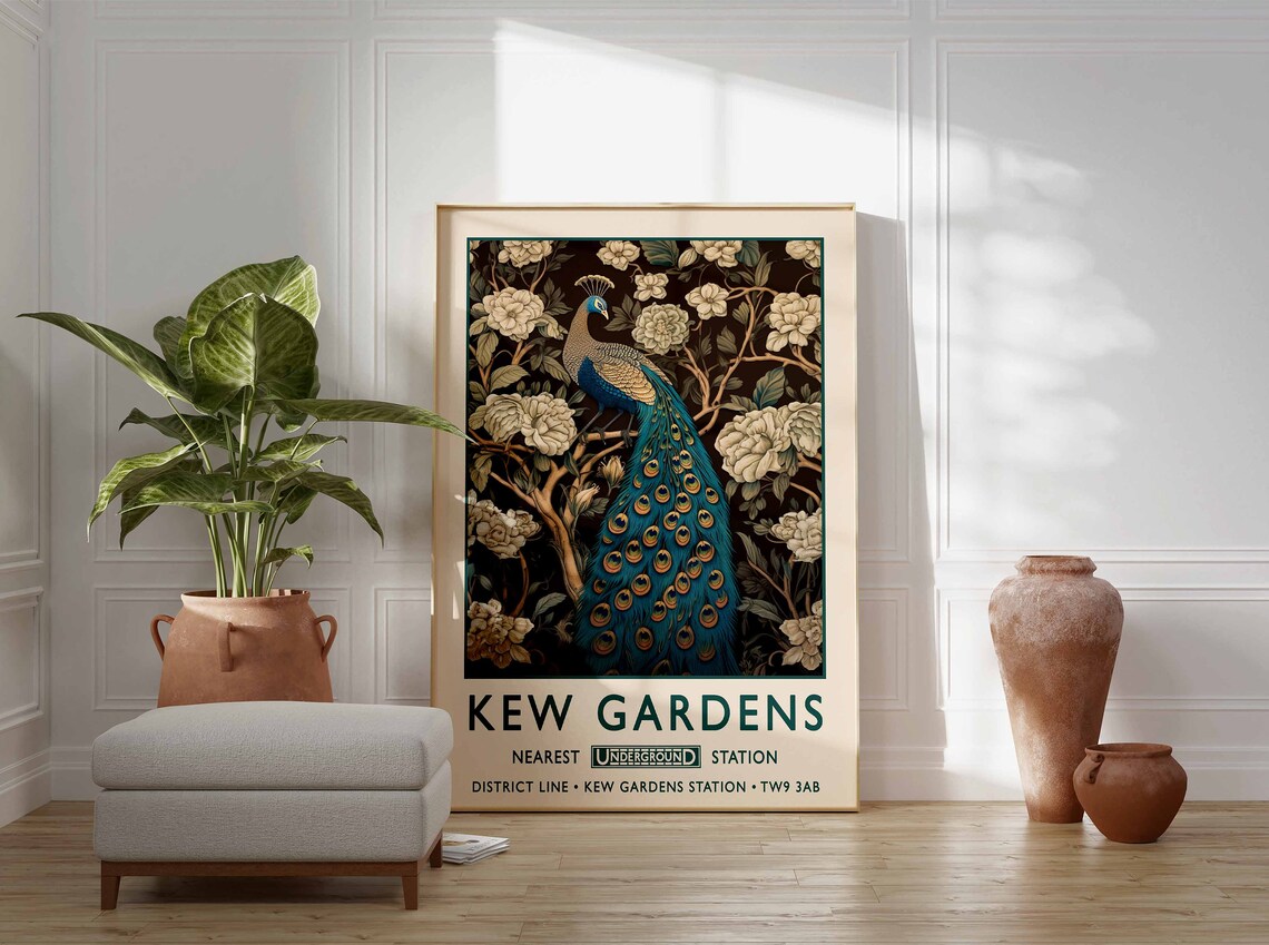 Kew Gardens Peacock Floral Botanical Underground London Art Poster - Image 3