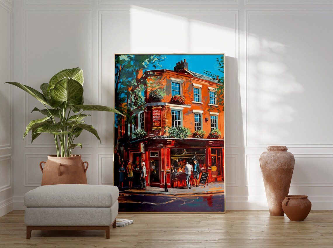 Old Red Pub Corner Street Scene Bustling Oil Painting Poster - Image 3