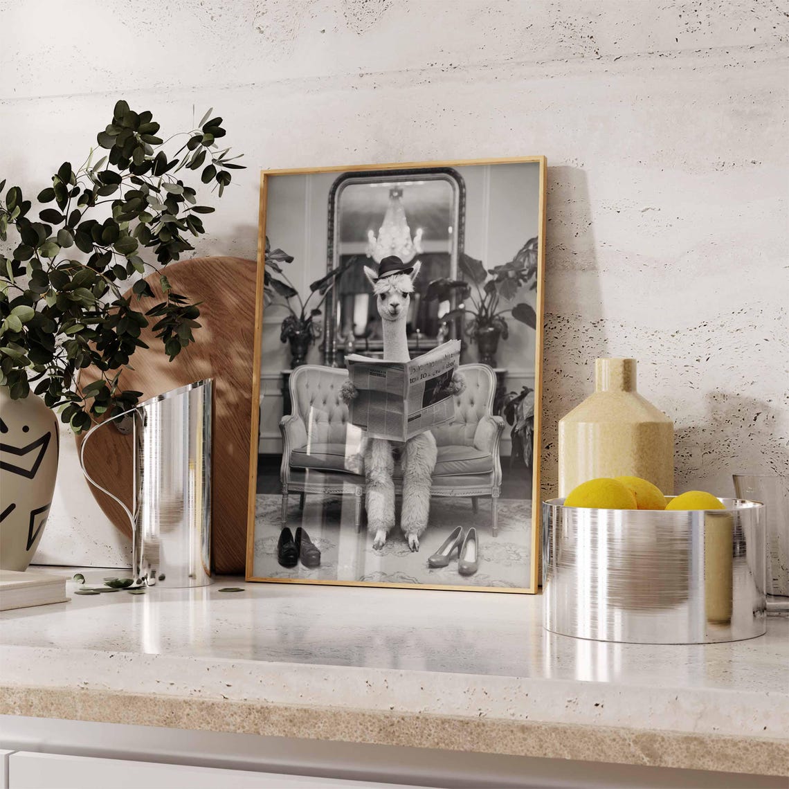 Llama In Bowler Hat Reading Newspaper On Elegant Sofa Poster - Image 2