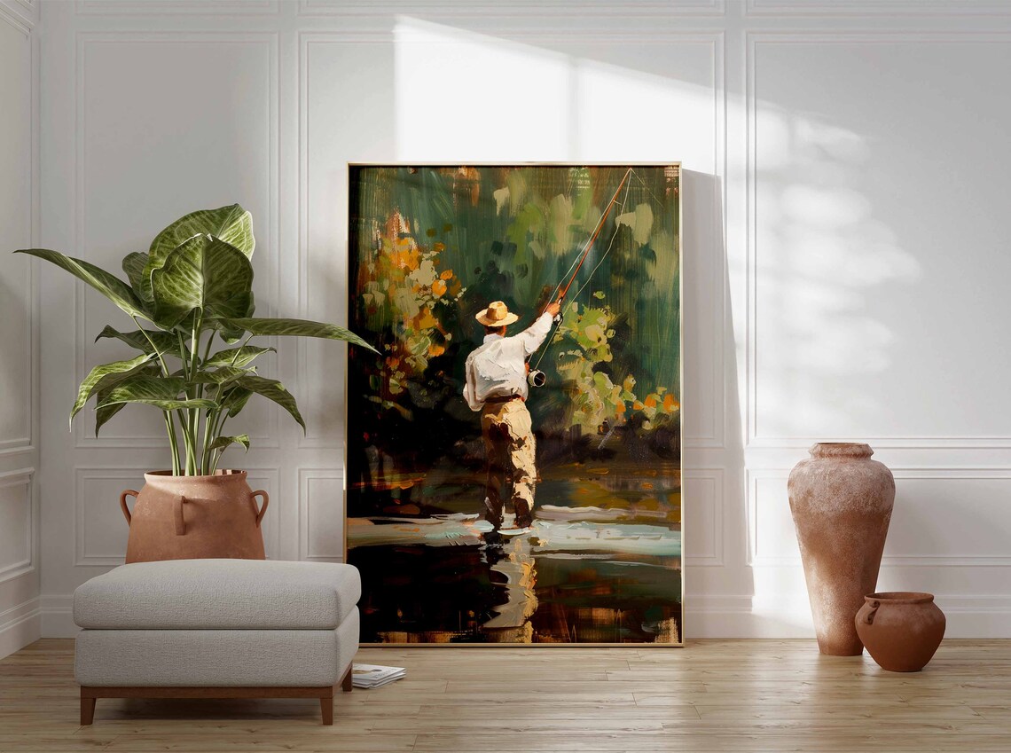 Fly Fishing Angler River Oil Painting Vintage Fishing Gift Poster - Image 3